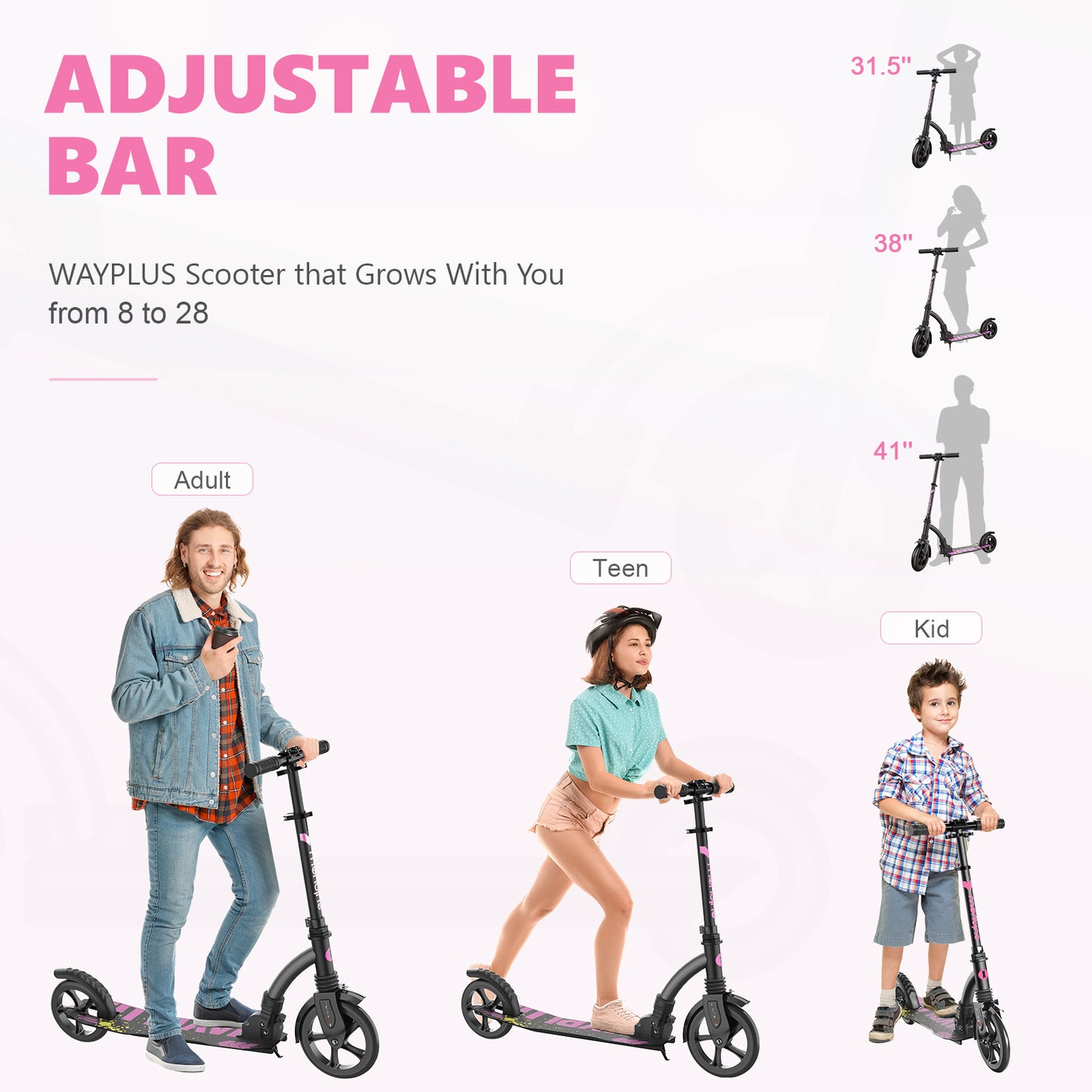 WAYPLUS Kick Scooter for Teens & Adults,Pink
